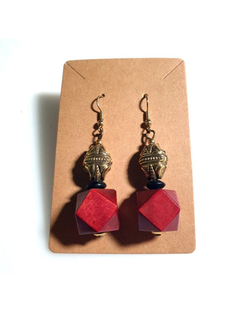 Large Geometric Red Gold Tone Dangle Earring Boho Drop Style Hook Closure 2.5 In